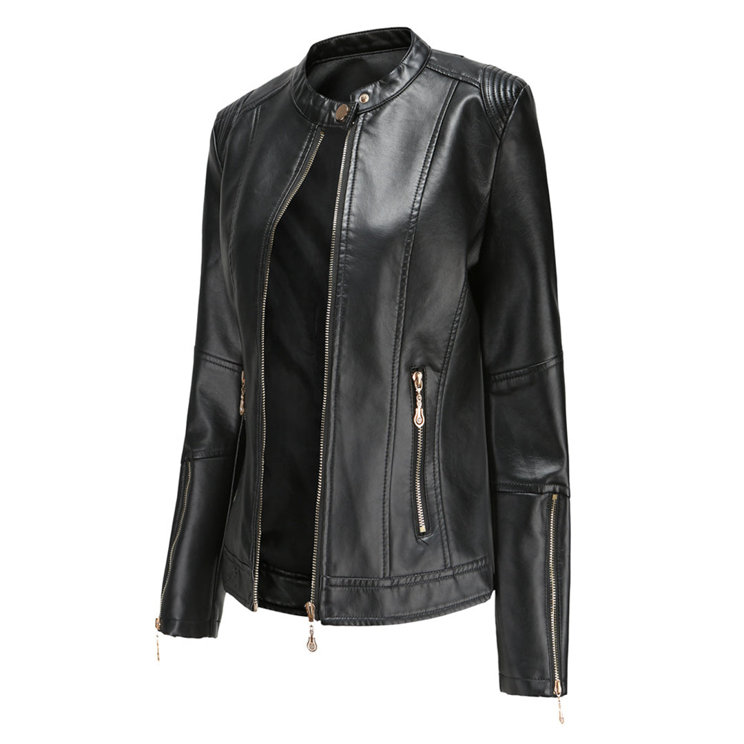 Women's leather short jacket with stand collar