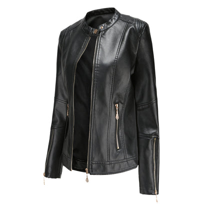 Women's leather short jacket with stand collar
