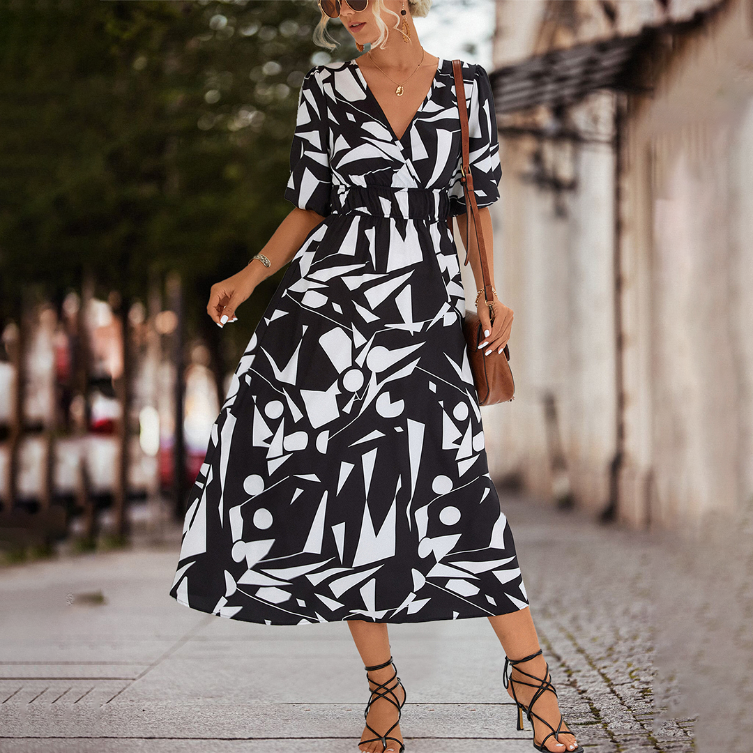 Women's Midi Dress - A-Line Silhouette - V-Neck - Short Puff Sleeves - Cinched Waist