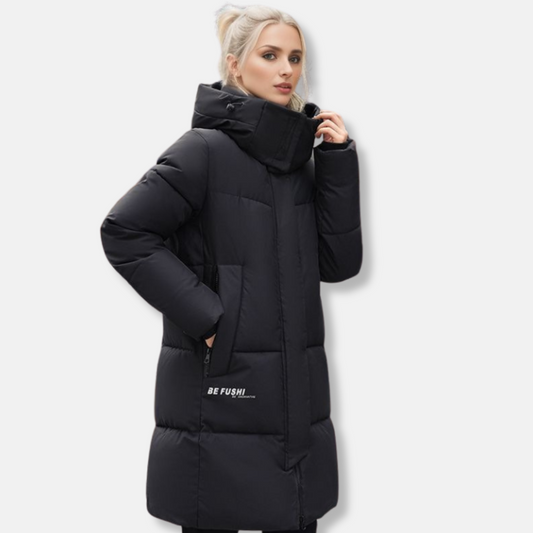 High Collar Hood Mid-Thigh Puffer Coat