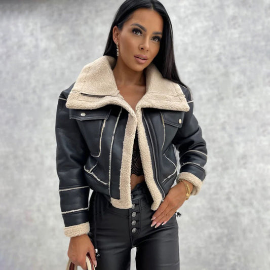 Wool-Like Short Motorcycle Zipper Jacket