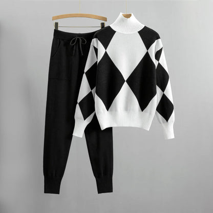 Women's autumn/winter knitted plaid turtleneck sweater and jogger set