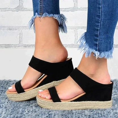 Women's Wedge Sandals - Denim Straps - Espadrille Jute Heel - Ankle Strap Comfort