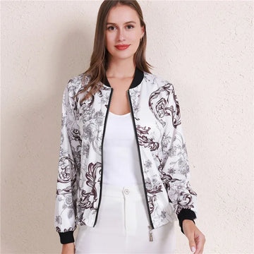Women's Bomber Jacket - Floral Print - Relaxed Fit - Lightweight Zip-Up Casual Wear