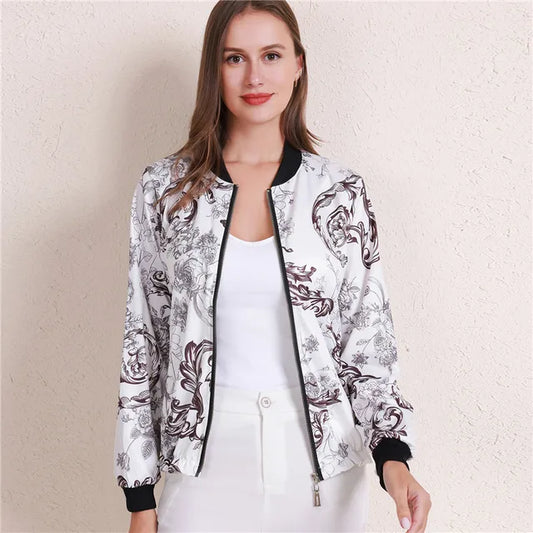 Women's Bomber Jacket - Floral Print - Relaxed Fit - Lightweight Zip-Up Casual Wear