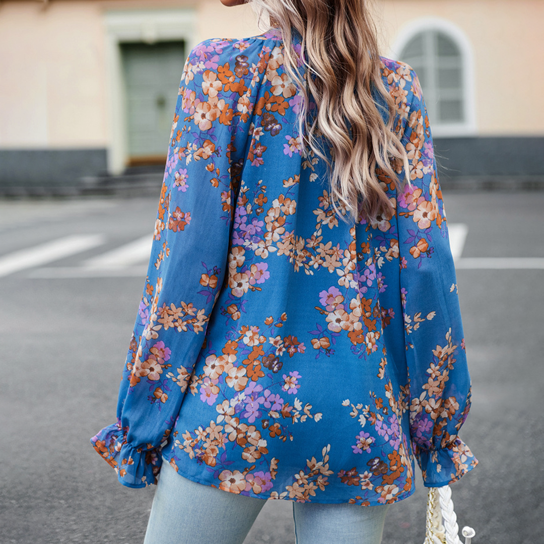 Women’s Floral Blouse - V-Neck - Long Sleeve Loose Fit - Button Front Elegant Style