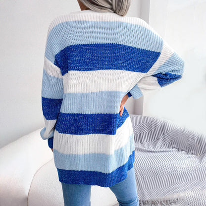 Women's autumn winter contrast color striped lantern sleeve cardigan