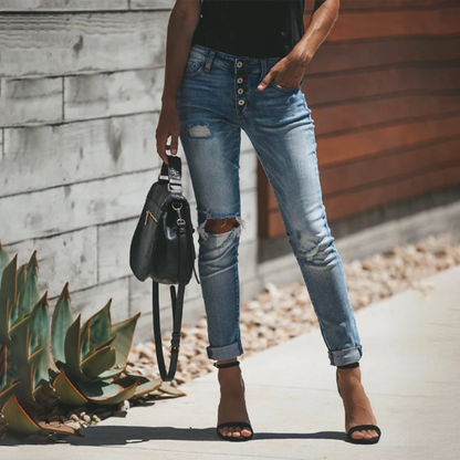 Mid-waist slim fit ripped skinny jeans for women