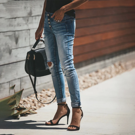 Mid-waist slim fit ripped skinny jeans for women