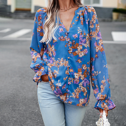 Women’s Floral Blouse - V-Neck - Long Sleeve Loose Fit - Button Front Elegant Style