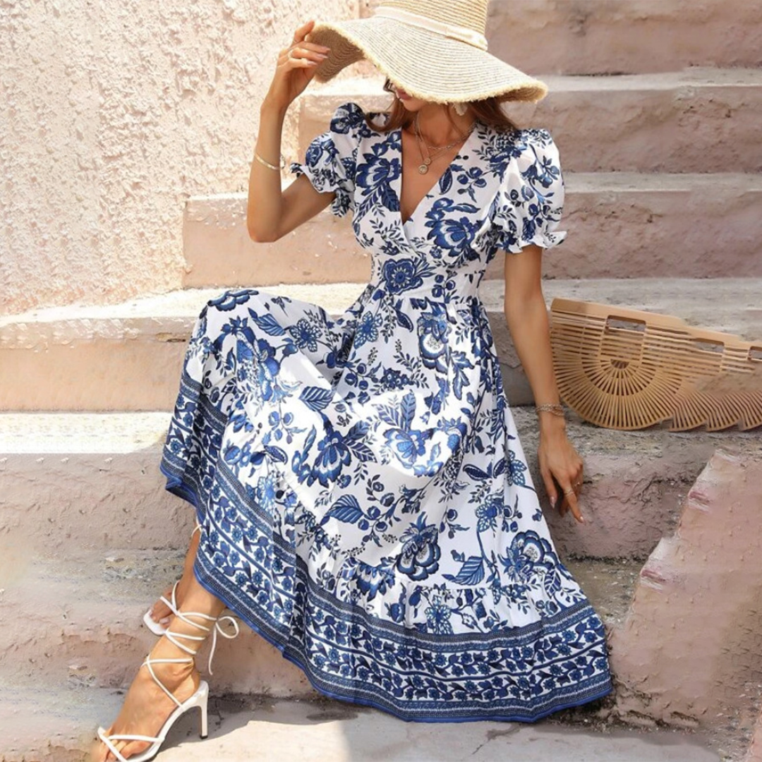 Women's Midi Dress - Floral Print - Puff Sleeve V-Neck - Cinched Waist A-Line