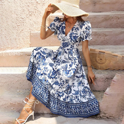 Women's Midi Dress - Floral Print - Puff Sleeve V-Neck - Cinched Waist A-Line