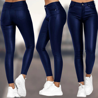 Women’s Faux Leather Leggings - High Waisted - Slim Fit - Full Length with Pockets