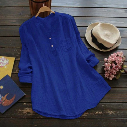 Women’s Long-Sleeve Tunic Shirt - Cotton Blend - Mandarin Collar - Relaxed Fit