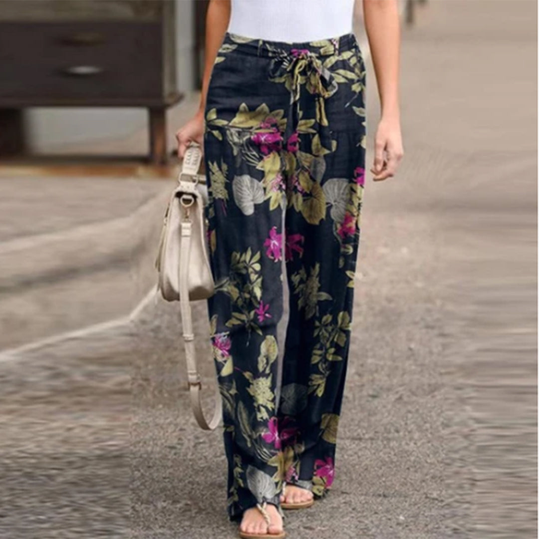 Women's Casual Pants - Floral Print - Relaxed Fit - Drawstring Waist - Lightweight
