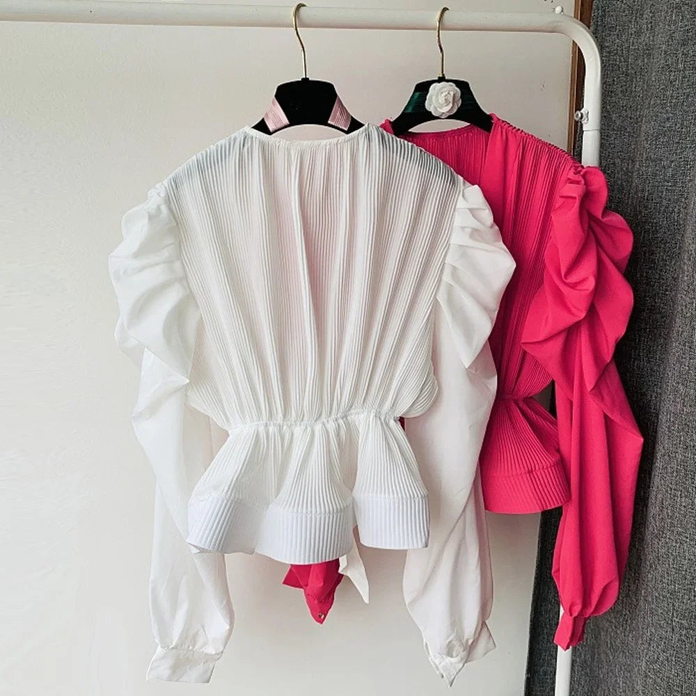 Women's Wrap Blouse - Tie Front - Puff Sleeves - Peplum Hem - Flattering Fit