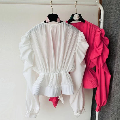 Women's Wrap Blouse - Tie Front - Puff Sleeves - Peplum Hem - Flattering Fit