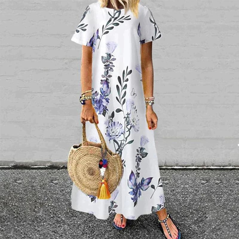 Women’s Maxi Dress – Natural Fibers – Relaxed Fit – A-Line – Short Sleeve Floral