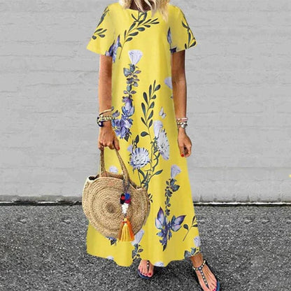 Women’s Maxi Dress – Natural Fibers – Relaxed Fit – A-Line – Short Sleeve Floral