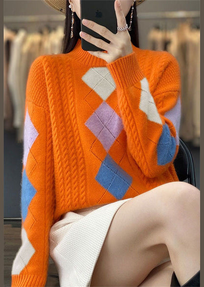 Women's bohemian orange high neck sweater