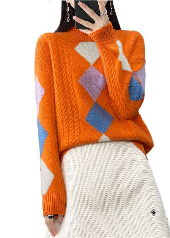 Women's bohemian orange high neck sweater