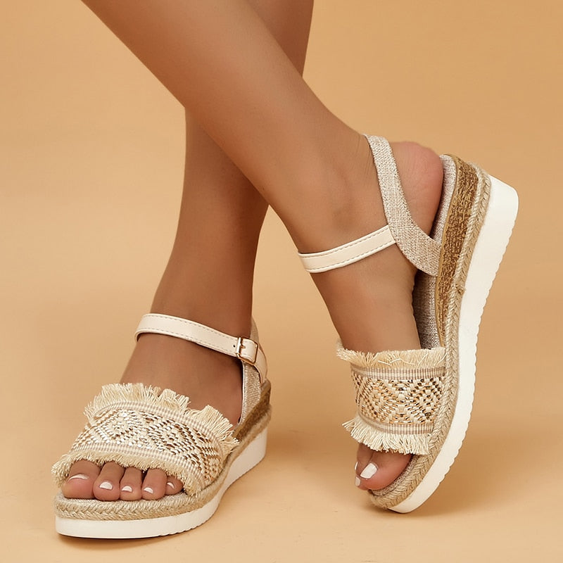 Women's Wedge Boho Sandals - Bohemian Style - Adjustable Ankle Strap - Cushioned Sole