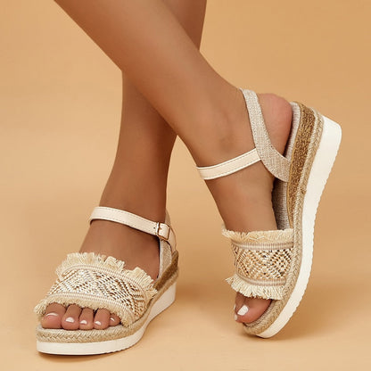 Women's Wedge Boho Sandals - Bohemian Style - Adjustable Ankle Strap - Cushioned Sole