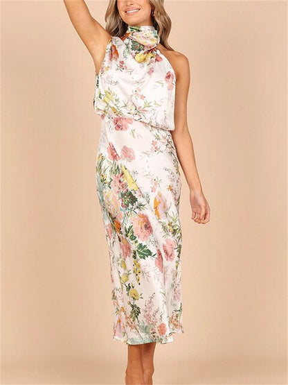 Women's Sleeveless Maxi Dress - Draped High Neck - Fitted Waist - Floral Elegant Wear