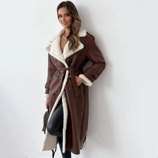 Reshen - lapel collar belted long winter coat