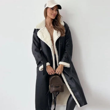 Reshen - lapel collar belted long winter coat