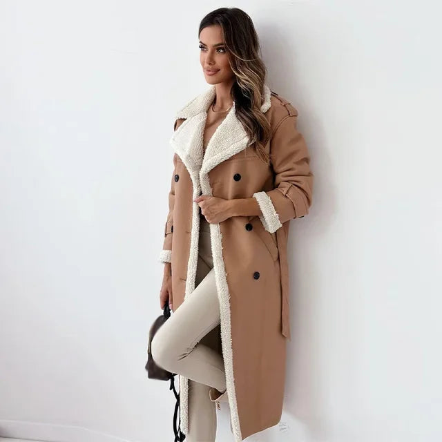 Reshen - lapel collar belted long winter coat