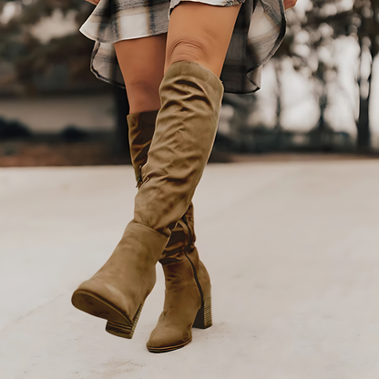 Women’s Knee-High Boots - Slouchy Shaft - Block Heel - Rounded Toe Comfortable Fit