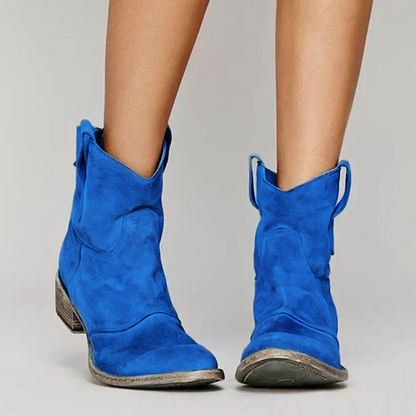 Women's vintage cowboy ankle boots with pointed toe and low heel