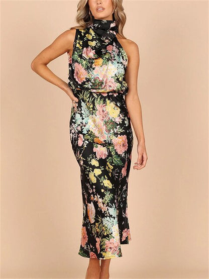 Women's Sleeveless Maxi Dress - Draped High Neck - Fitted Waist - Floral Elegant Wear