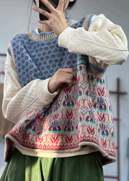 Literary style sweater vest with jacquard design and curling detail for women
