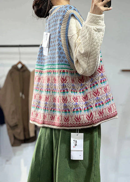 Literary style sweater vest with jacquard design and curling detail for women