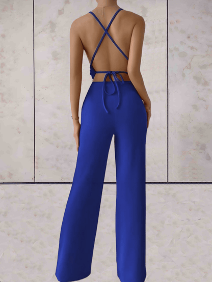 Women's Jumpsuit - Deep V-Neck - Fitted Bodice - Wide Leg Elegant One-Piece