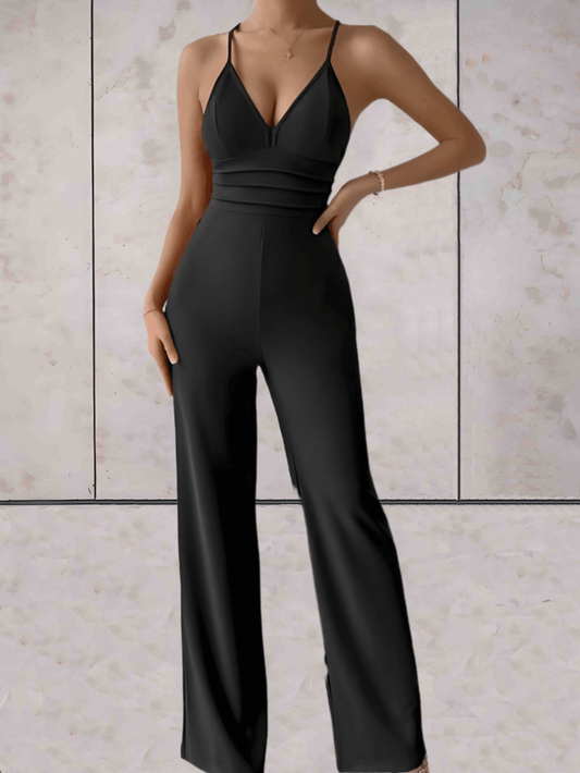 Fitted Wide Leg Deep V-Neck Jumpsuit