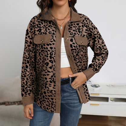 Women's leopard print button-up long sleeve jacket