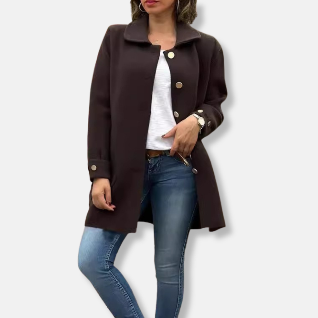 Women’s Long Coat – Relaxed Fit – Wool Feel – Single-Breasted – Mid-Thigh Length