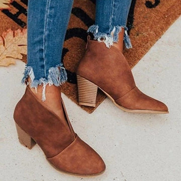 Stylish block heel ankle boots with side cutout for women