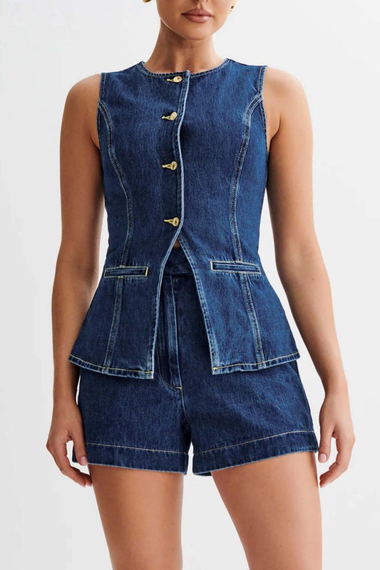 Button-Down Denim Tank Top And Shorts Set