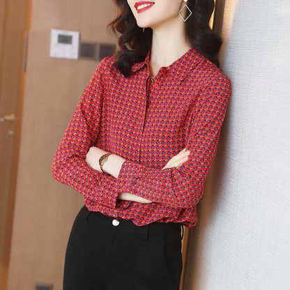 Women's Blouse - V-Neck Collared - Button Tab Roll-Up Sleeves - Loose Fit Breathable