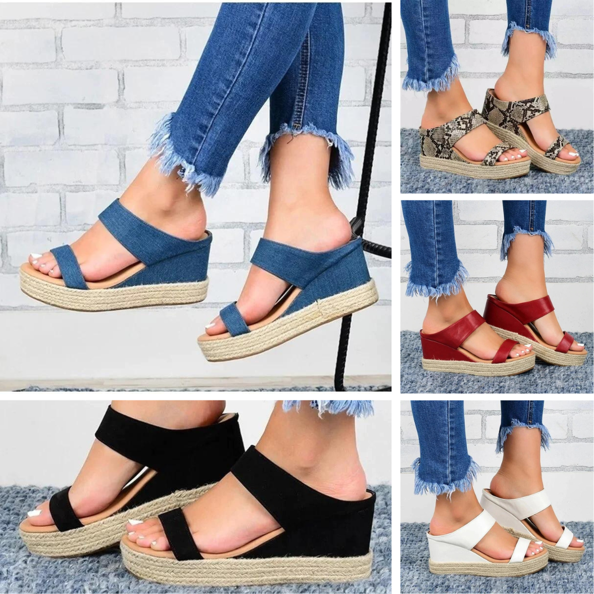 Women's Wedge Sandals - Denim Straps - Espadrille Jute Heel - Ankle Strap Comfort