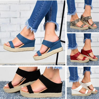 Women's Wedge Sandals - Denim Straps - Espadrille Jute Heel - Ankle Strap Comfort