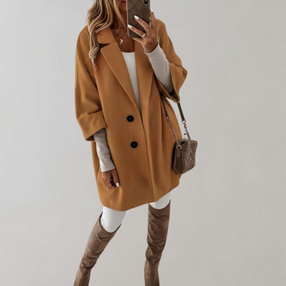 Women’s Oversized Coat – Wool Blend – Mid-Thigh Length – Relaxed Fit – Full Sleeve