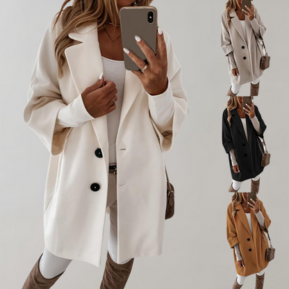 Women’s Oversized Coat – Wool Blend – Mid-Thigh Length – Relaxed Fit – Full Sleeve