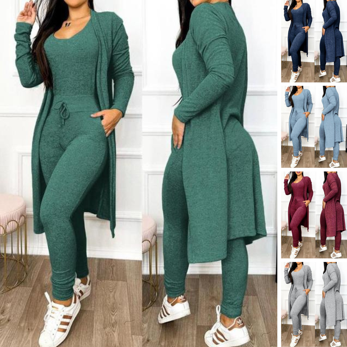 Women's autumn winter long jumpsuit cardigan set