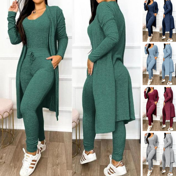 Women's autumn winter long jumpsuit cardigan set