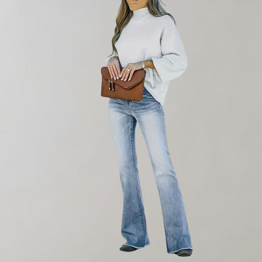 Whitewashed Stretch Zipper Flared Jeans